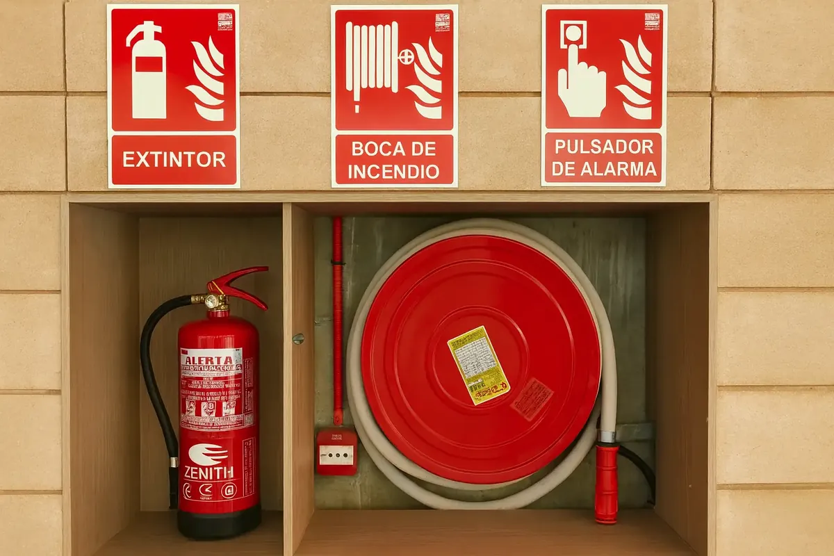 Extintor i boca d’incendi equipada senyalitzats en un passadís